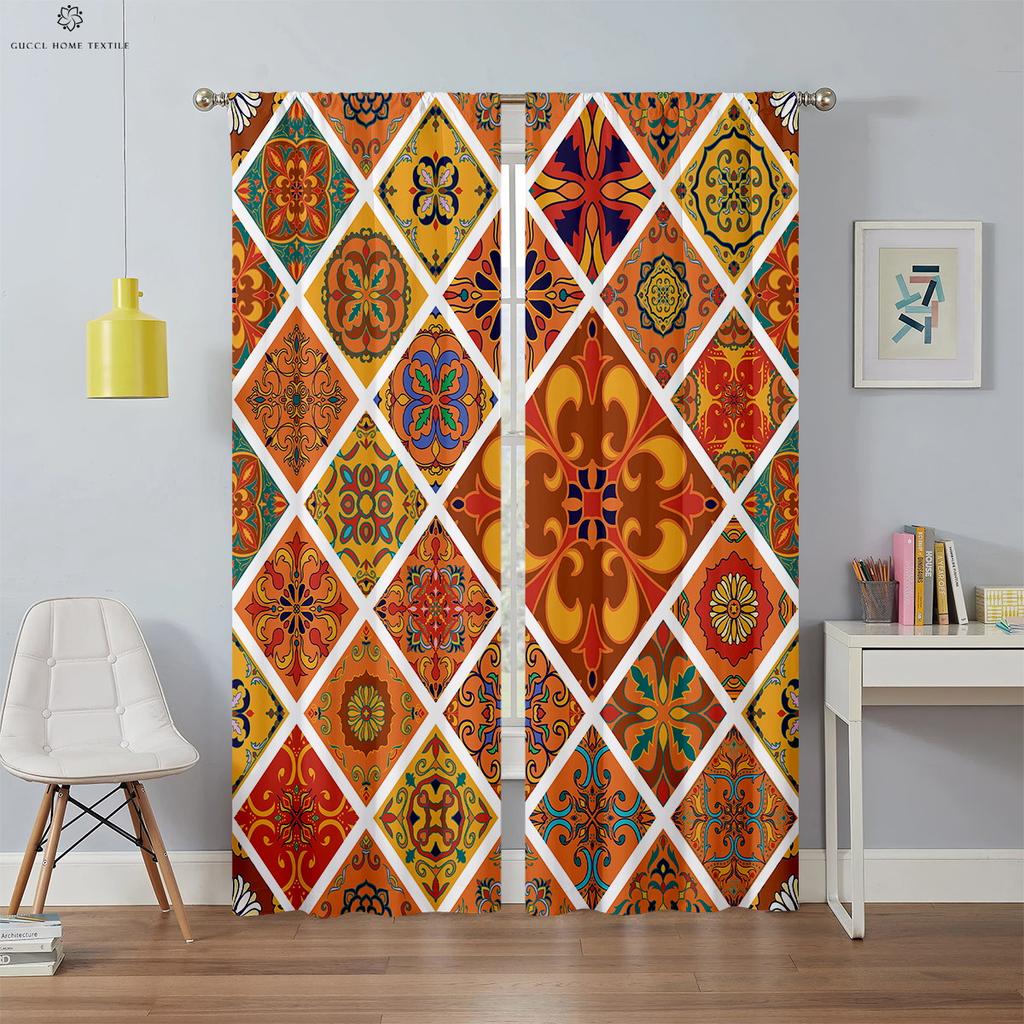 Bohemian Retro Printed Curtains, Blackout, Heat Insulation, Bedroom, Living Room, Kitchen, Decorative, 2 Pieces