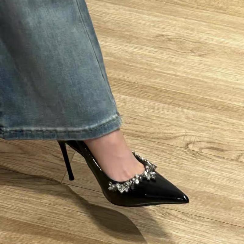 French Beautiful Pointed-Toe Rhinestone High Heels Patent Leather Women's Shoes Rear Empty Trip Strap Super High Heels Shoes