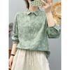 Women's Light Green Floral Collared Shirt Long-Sleeve Loose-Fit Casual Blouse