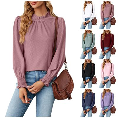Women's Fashion Sexy Round Neck Solid Color Lace Long Sleeve Pleated Top
