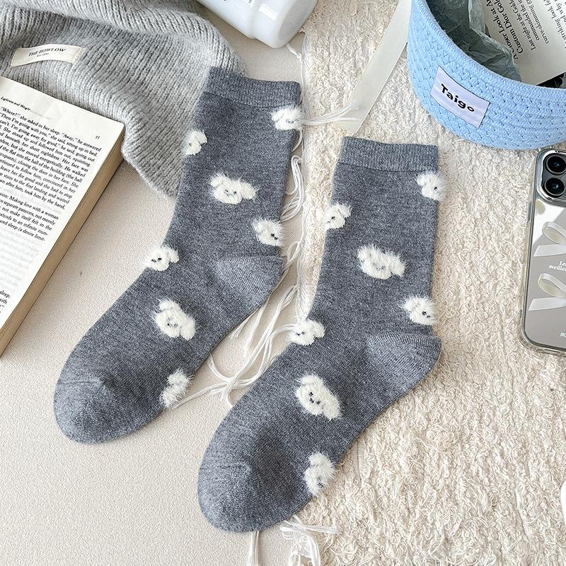 Socks, Autumn and Winter Socks, Boneless Socks, Women's Warm Wool Socks, Cute Polka Dot Striped Puppy Mid-calf Socks, Versatile Women's Socks