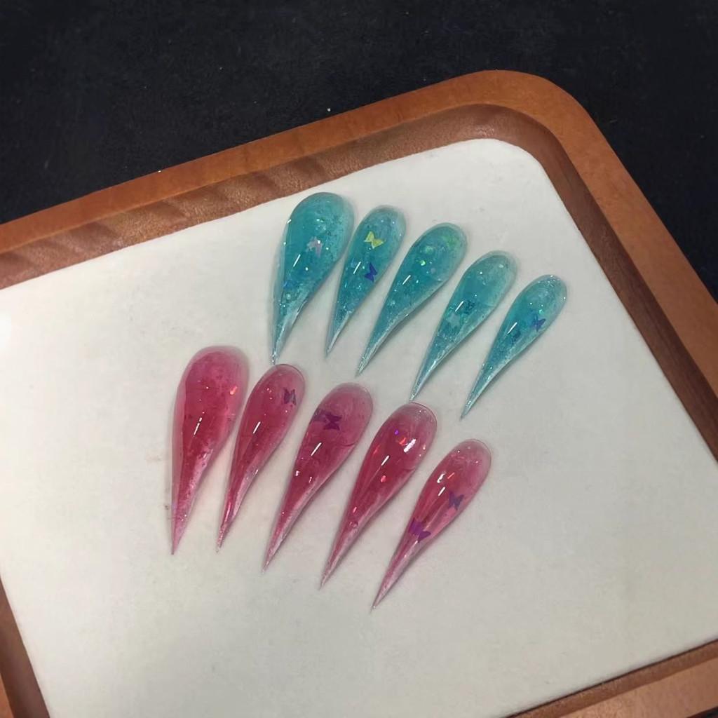 Handmade Press On Nail Dragon Claw Cool Sweet Blue Pink Clear Through Foil Sequins Gradient Eagle Claw Type Fake Nail Patch Artificial Nail Reusable