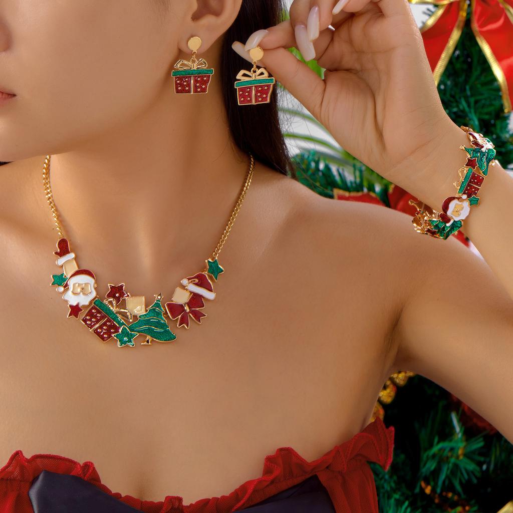 Christmas Drip Santa Christmas Tree Gift Box Necklace Earrings Alloy Splicing Bracelet Fashion Gift Set
