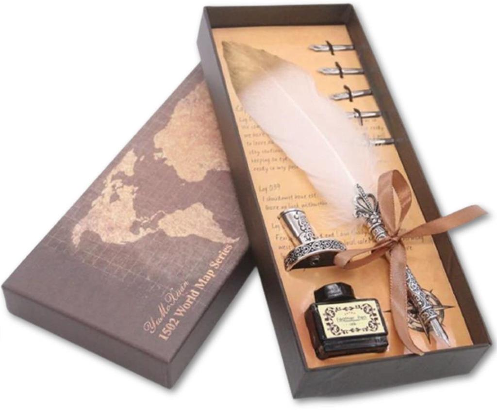 dilib Feather Pen Fountain Pen Stand Ink Bottle Set Antique Feather Dip Pen (White)