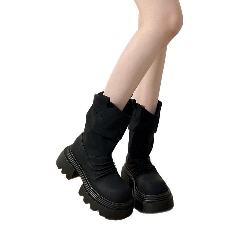 Thick-soled Thin Pleated Martin Boots Women's Spring and Autumn Single Boots New Simple Stacking Boots Heightening Rhubarb Boots