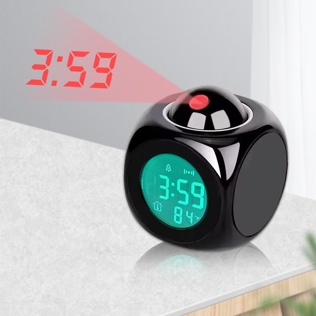 Portable Smart LCD Projection Electronic Alarm Clock with English Timed Announcement Multifunctional Thermometer Suitable for Home Office Desktop Use
