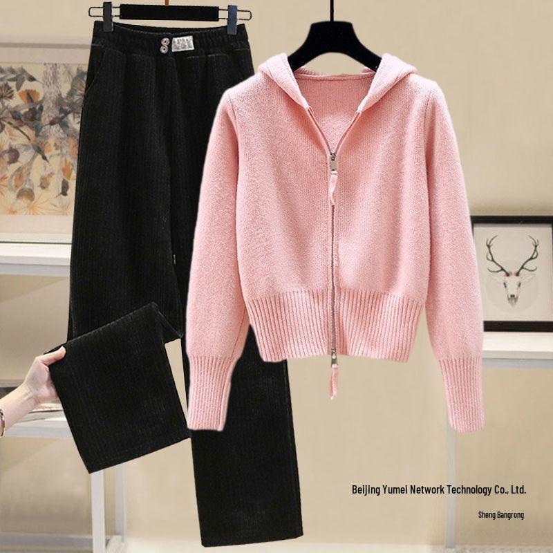 Sweet Autumn & Winter Women's Double Zipper Hooded Knitted Sweater Set
