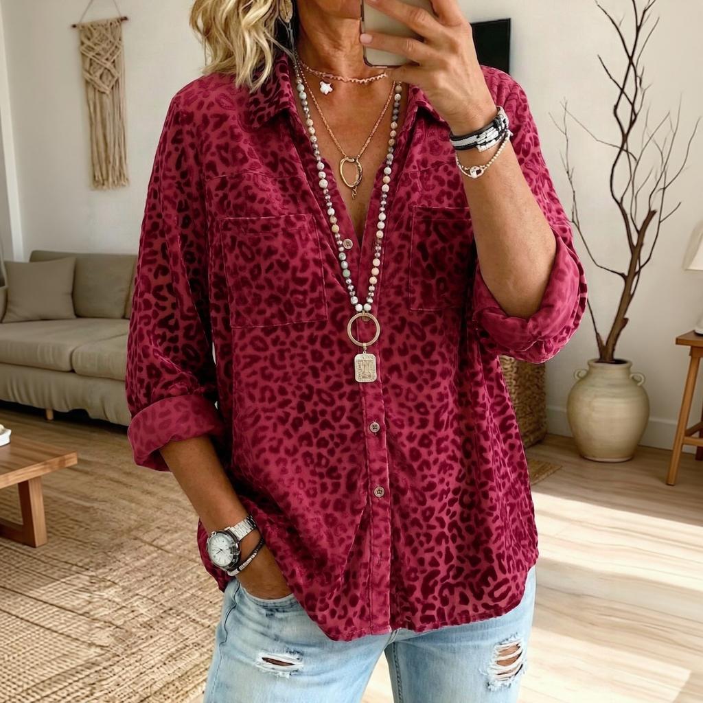 Women's Leopard Print Korean Shirt with Long Sleeve Lapel Collar, Double Pockets, Loose Fit Casual Fall Winter Top