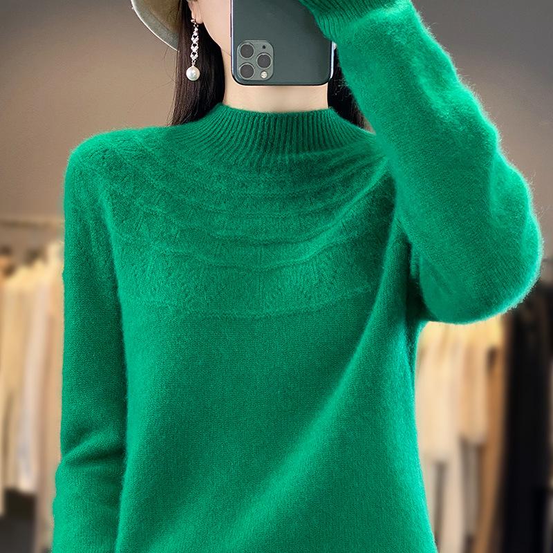 Autumn/Winter Women's Knitwear: Hollow Out Half-High Neck Long Sleeve Loose Slimming Pullover Sweater.
