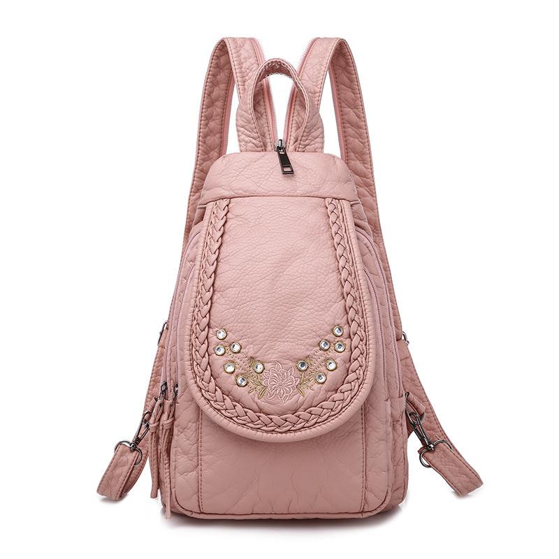 Rucksack aus gewaschenem Leder im literarischen chinesischen Stil, bestickte Brusttasche, Shopping, Reise, Rucksack aus weichem Leder, Damentasche