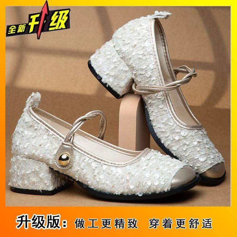 2025 Spring and Summer New French Small Fragrant Mary Jane Shoes Women's Shoes with Skirts Thick Heels Evening Shoes Light Mouth Single Shoes