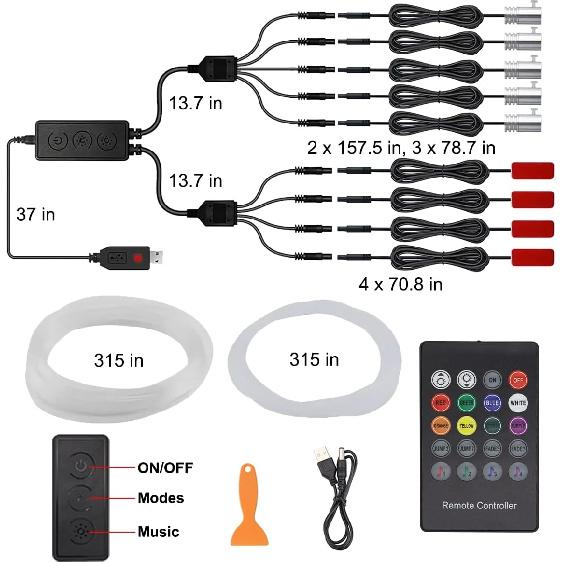 Interior Car Lights, 9 In 1 Car LED Strip With Wireless APP/RF Remote/Button Control, 16 Million Colors Ambient Lighting Kit With 5 Fiber Optic LED