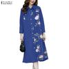 ZANZEA Women Casual Turn Down Collar Long Sleeve Loose Print Shirt Dress