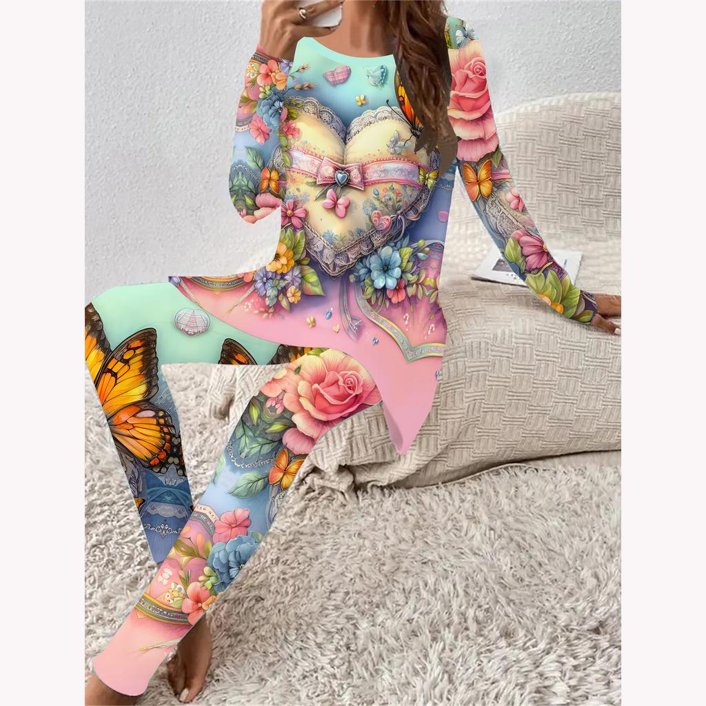 Euroamerikanische Mode 3D Herzsymbol Druck Damen Vier-Jahreszeiten Langarm T-Shirt + Lange Hose Zweiteiliges Set. Perfektes Geschenk zum Valentinstag