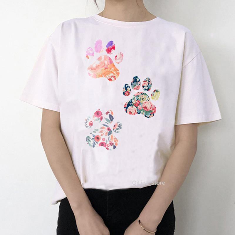 

Tropical Rose Paw Print T-Shirt Women Funny Tshirt Femme Harakuju Kawaii Clothes Summer Tops Female T-Shirt Streetwear XXXL