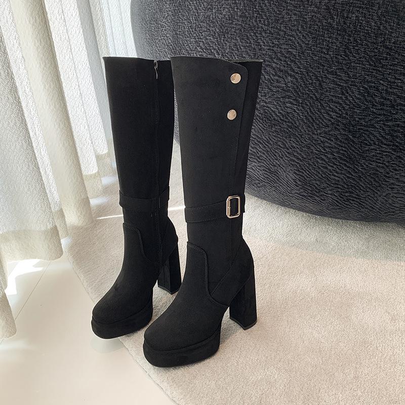 High-heeled boots 2025 autumn and winter new small waterproof table suede thick-heeled fashion boots women's thin Martin boots