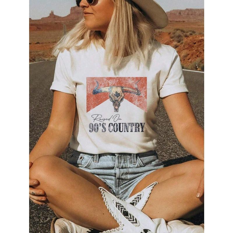 European Size Women's 90's Country Graphic Print T-Shirt - Relaxed Fit Short Sleeve Round Neck Tee with Bull Skull & Stars Design