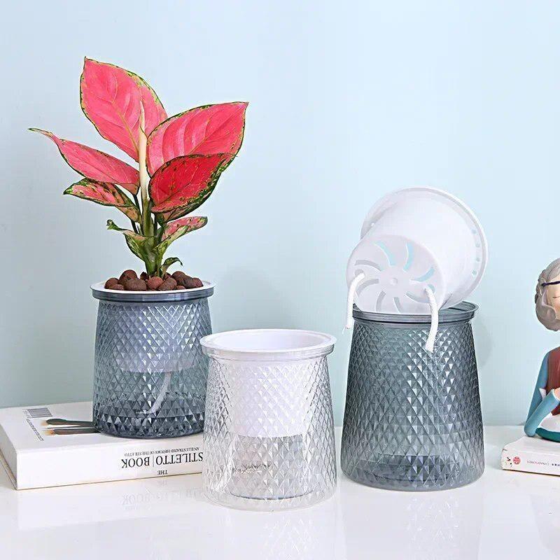 2024 Vaso da fiori trasparente autoirrigante in plastica, vaso per piante a doppio strato automatico pigro, vaso idroponico per fiori per la decorazione della casa