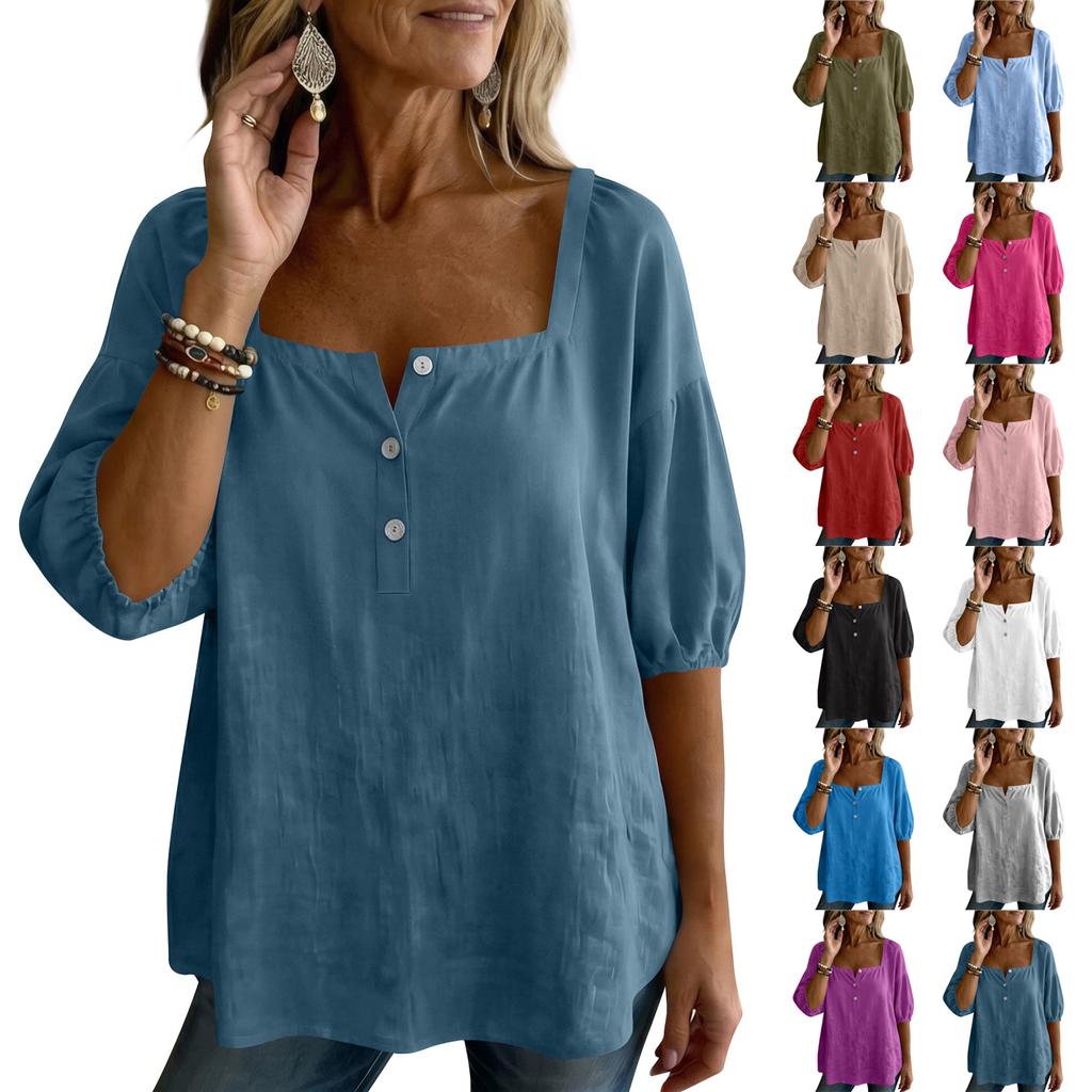 Damen Sommer Mode Farbe Quadratischer Kragen Knopf Fünf Viertel Ärmel Hemd Lässiger Pullover Top
