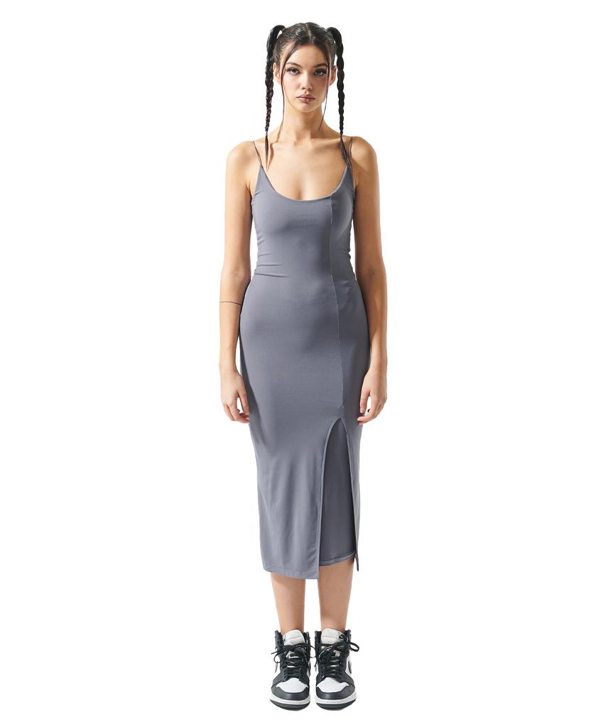 Attention Row For Woman Shoulder Strap Slit Long Dress (Gray)