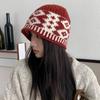 Women Retro Knitted Hat Winter Warm Rhombus Pattern Hat Big Head Sized No Brim Hat for Daily Outings Parties Dating