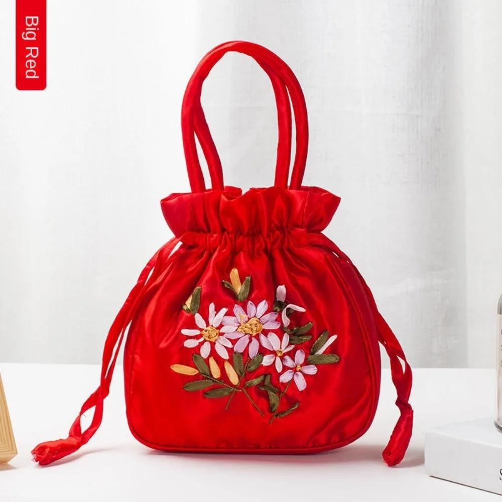 Embroidered Flower Pattern Women Bucket Bag National Phone Bag Ladies Small Dacron Top Handle Bag Casual Occasions