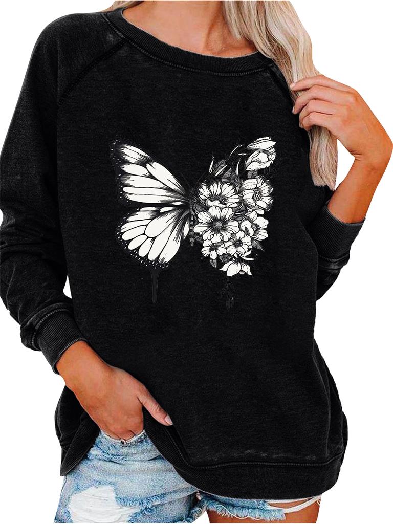 Women's Oversized Pullover Sweatshirt Fashion Butterfly Print Top Ladies Spring/Fall Sweatshirt