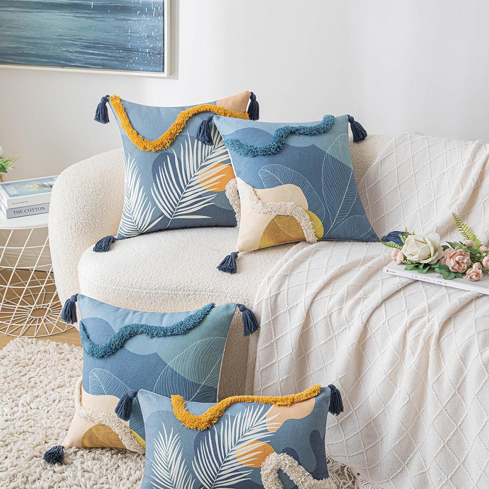 Morandi Color Tufted Pillow Case Ins Style Printed Tassel Pillow Living Room Sofa Cushion Cover Simple Waist Pillow