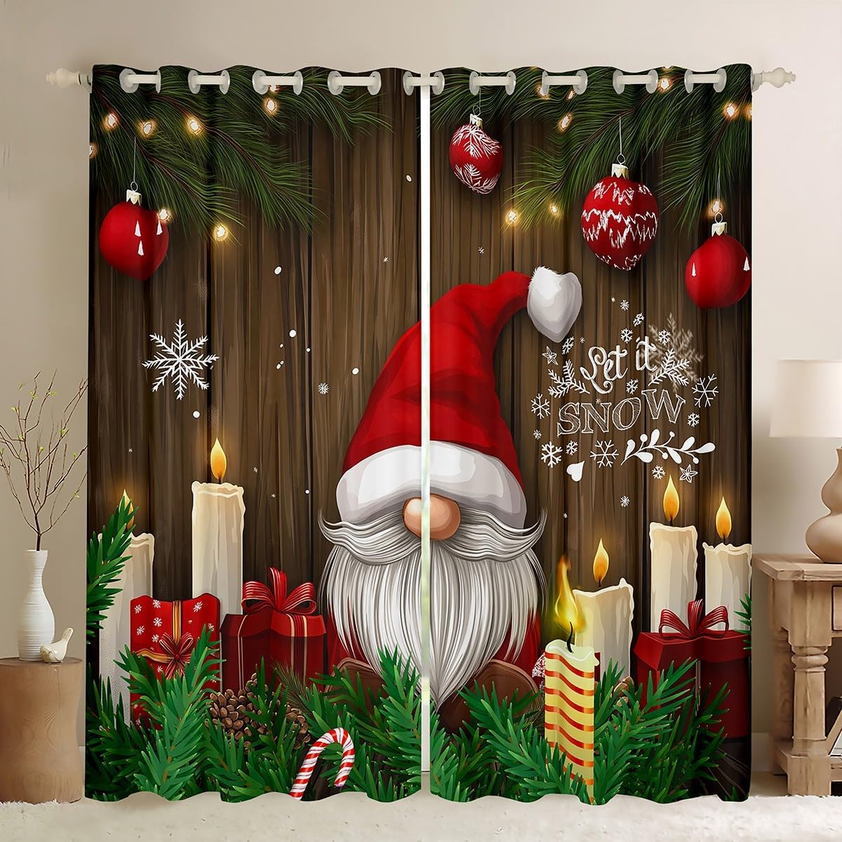 

Christmas Gnome Curtain Winter Xmas Theme Window Curtains Snowflake Happy New Year Holiday Room Decor Panels Light Blocking Made Of Polyester W100*H130(CM)-Hooks&2PCS