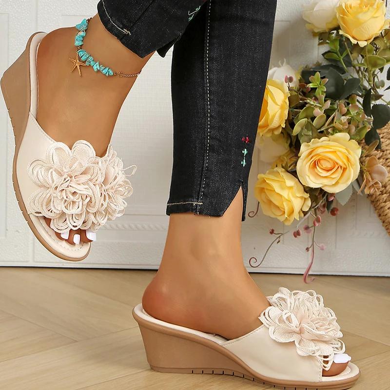 Fashion 2025 Big Flower Decor Pu Leather Slippers Women Summer Non Slip Wedge Sandals Woman Office Laides Solid Platform Slides Female