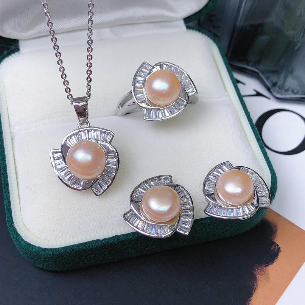 Freshwater Pearl Jewelry Set: Earrings, Ring, Necklace