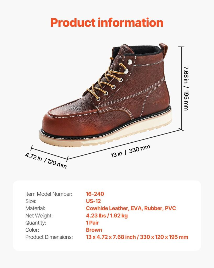 Steel Toe Work Boots UK Size 11 Waterproof Moc Toe for Men Slip-Resistant