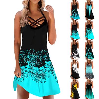 Dresses For Women Casual Summer Floral Printed Tank Sleeveless Dress Hollow Out O-Neck Loose Beach Short  Sundress