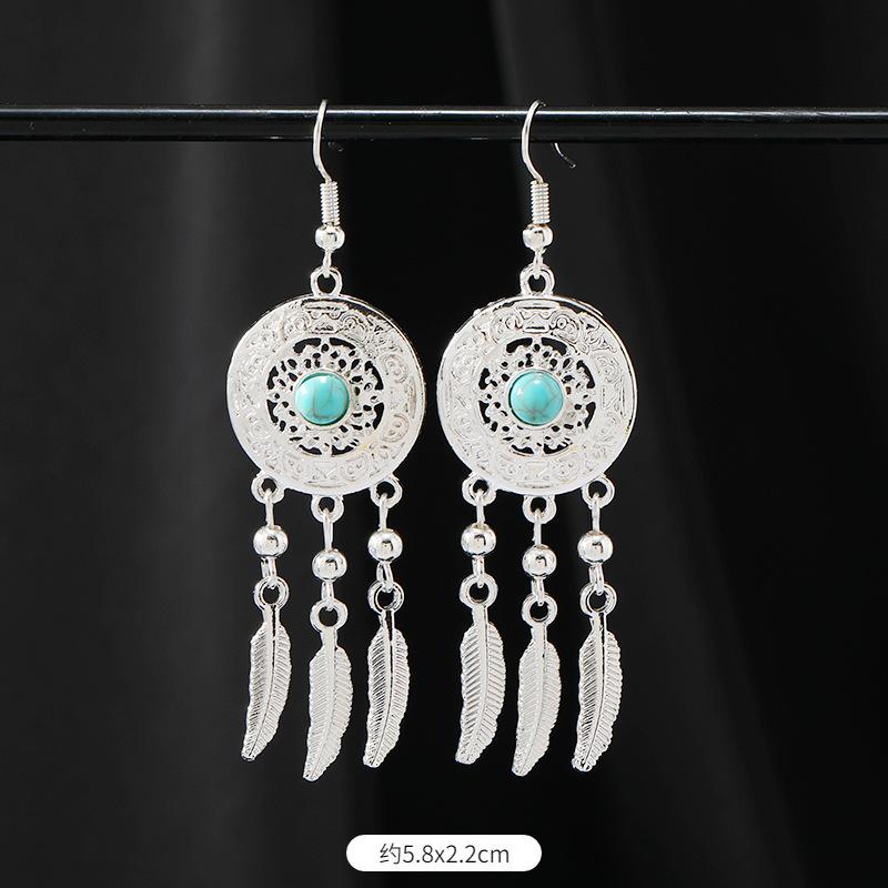 Retro Handmade Miao Silver Fringed Earrings Inlaid Turquoise Long Earrings Female Exotic Yunnan Dance Earrings