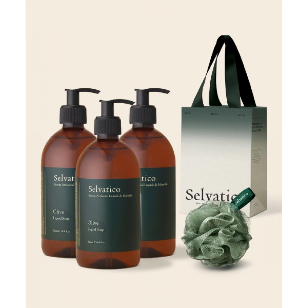 Selvatico Marseille Liquid Soap 500ml+500ml  Gift Shower Puff+shopping Bag Olive Liquid Soap 500mlx3