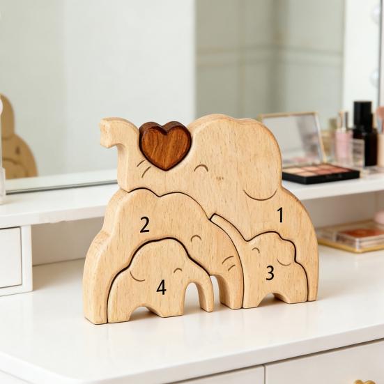 Holz Elefantenfamilie Puzzle Personalisiert 2/3/4/5 Familiennamen Elefanten Skulptur für Einweihungsdekor Weihnachten Muttertag Vatertag Geschenke