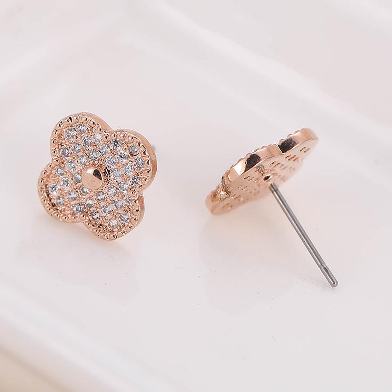 Micro Four-Leaf Clover Copper Needle Ear Studs with Rhinestones - Sweet, Girly Jewelry Niche Earrings In Stock