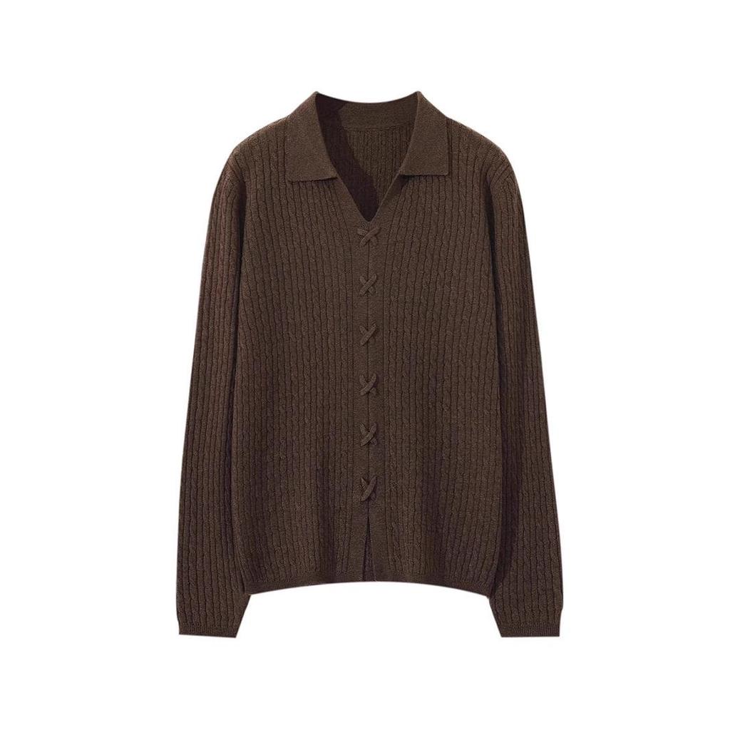 2025 Spring Women's Loose Lapel Pure Wool Cable Knit Sweater