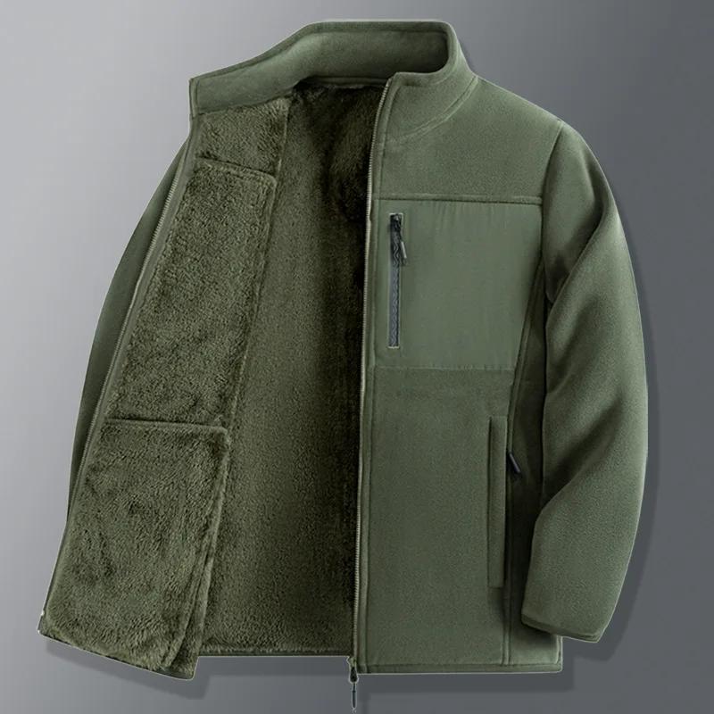 Herren Zip Up Grüne Fleecejacke Herbst Winter Warm Arbeitsmäntel Herren Reißverschlusstaschen Jacke Wandern Training Oberbekleidung Windbreaker