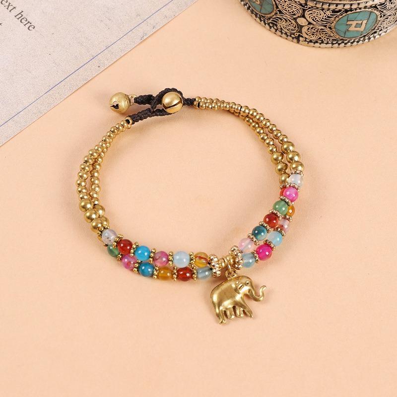 Handwoven Elephant Bracelet Tibetan Exotic Bohemian Double Beaded Bells Vintage Hand Rope Female