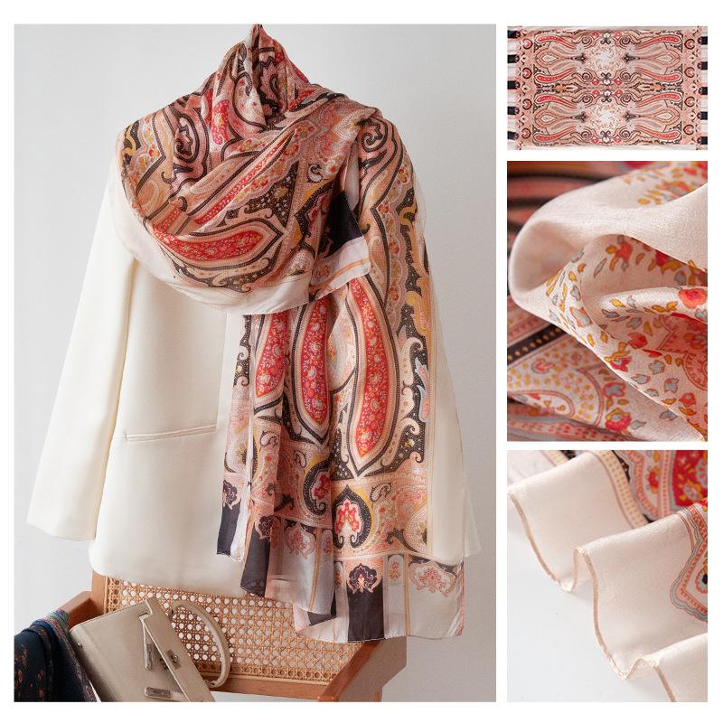 Summer Mulberry Silk Scarf Long High-end Silk Scarf Mother Style Blue Architectural Print Thin Gauze Scarf for Women