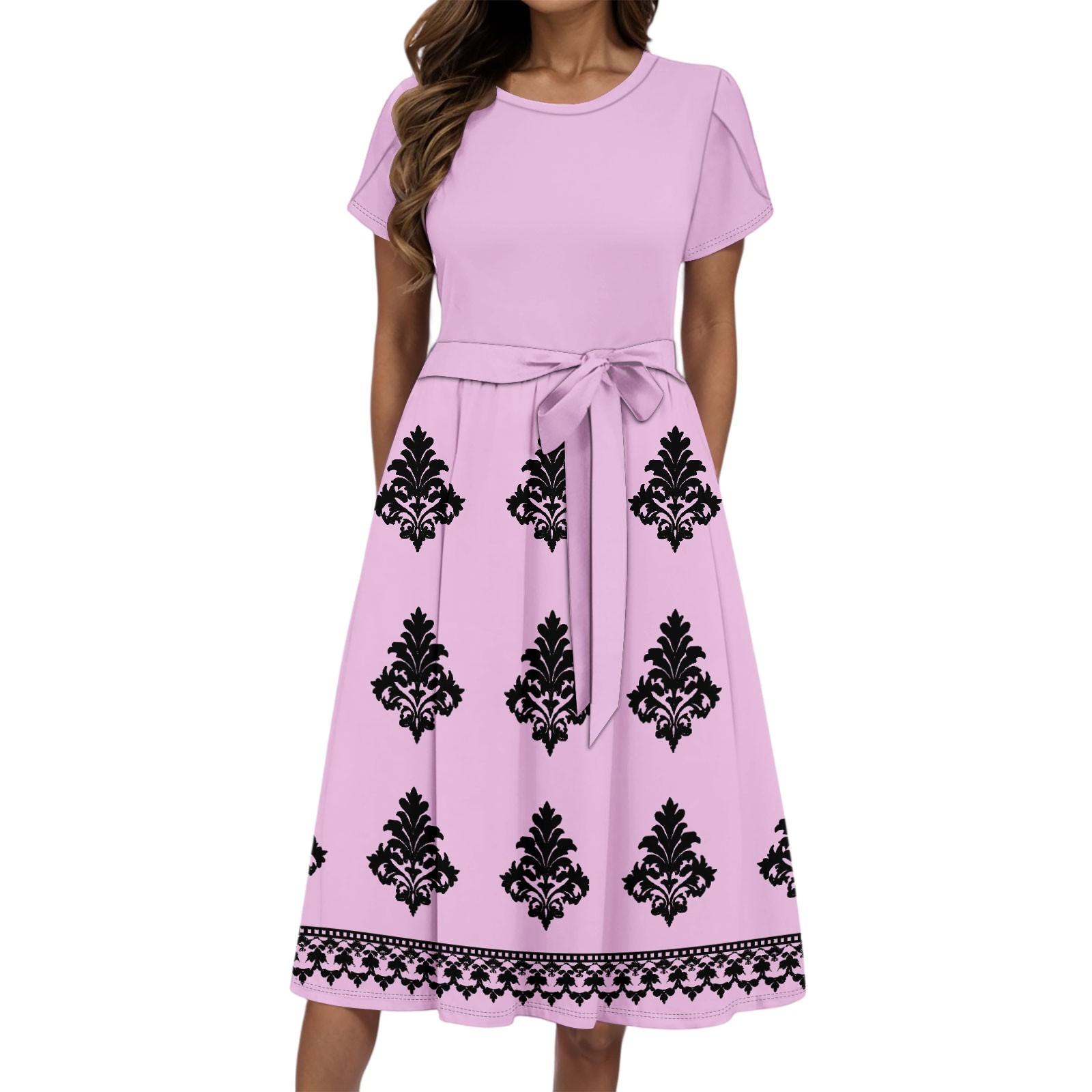 Women s Summer Fashion Round Neck Casual Retro Printed Short Sleeve Dress L розовый
