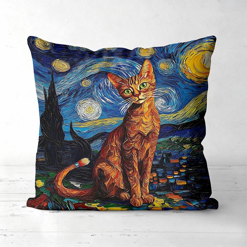

Van Gogh Style Cat Printed Decorative Throw Pillow Polyester pillowcase, sofa decorative cushion cov Headboard Pillow 45x45cm