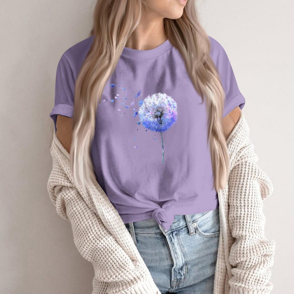 Women's Fashion Casual Printed Round Neck Short Sleeved Pullover T-Shirt Top