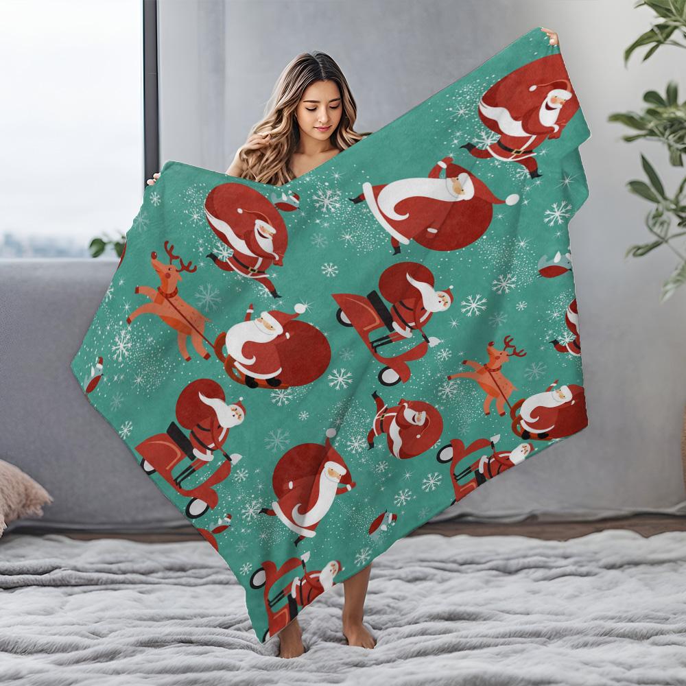 Santa Claus Throw Blanket Christmas Reindeer Cozy Fleece Blanket Holiday Home Decor Festive Gift Couch Cover Bedspread Room Deco