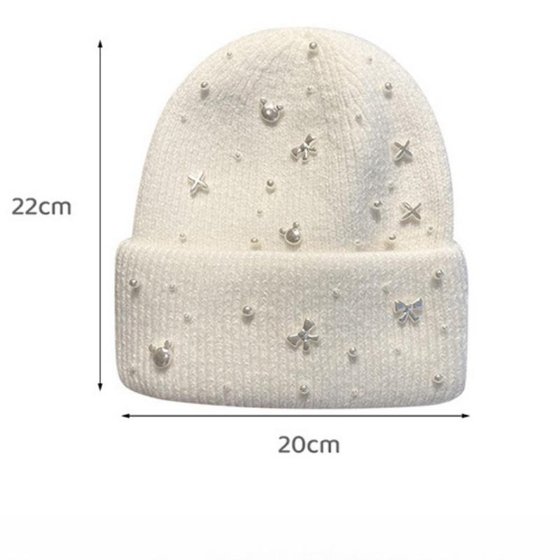 New Luxury Rhinestone Beads Knitted Hat Korean Women Rabbit Fur Wool Skullies Cap Winter Fashion Thickened Warm Bonnet Beaanies