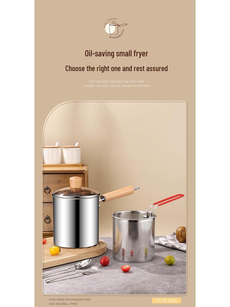 304 Stainless Steel Deep Fryer with Wooden Handle and Filter Basket for Induction Cooker