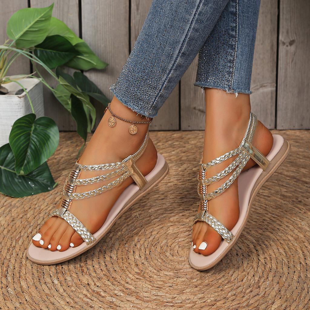 Women's Summer Round-Toe Non-Slip Comfortable Flat Sandals Fashionable Golden Style Best-Selling Plus-Size Casual Footwear