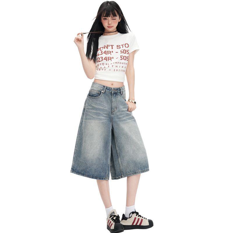 Trendy Summer Light Blue Designer Washed Loose Straight Wide Leg Cropped Capri Denim Shorts For Women Versatile Slimming AllMatch Casual Capri Pants