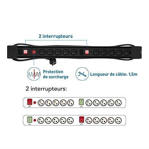 Bloc Multiprises - ELECTRALINE - 35438 - 10 Prises - 2 Interrupteurs - Protection Surcharge